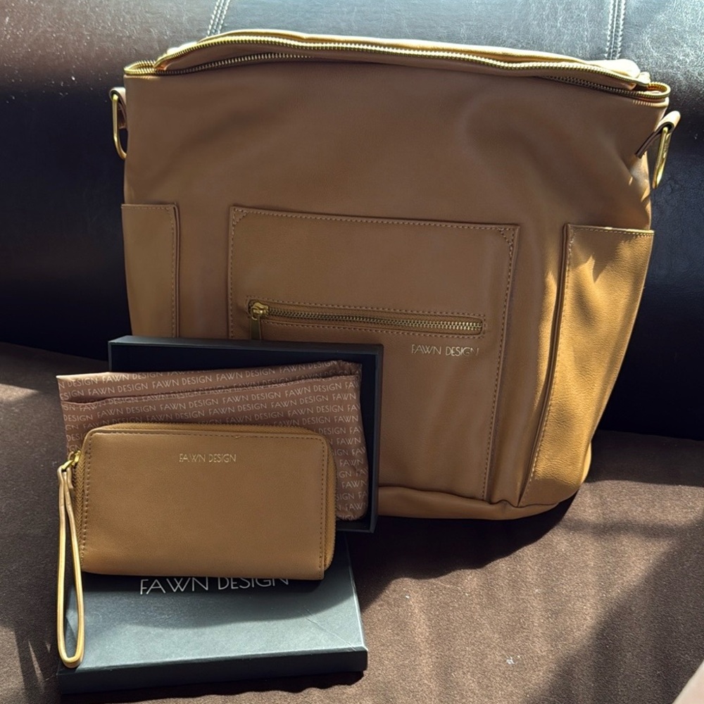 Tan Original Fawn Design Diaper Bag Set includes matching wallet
